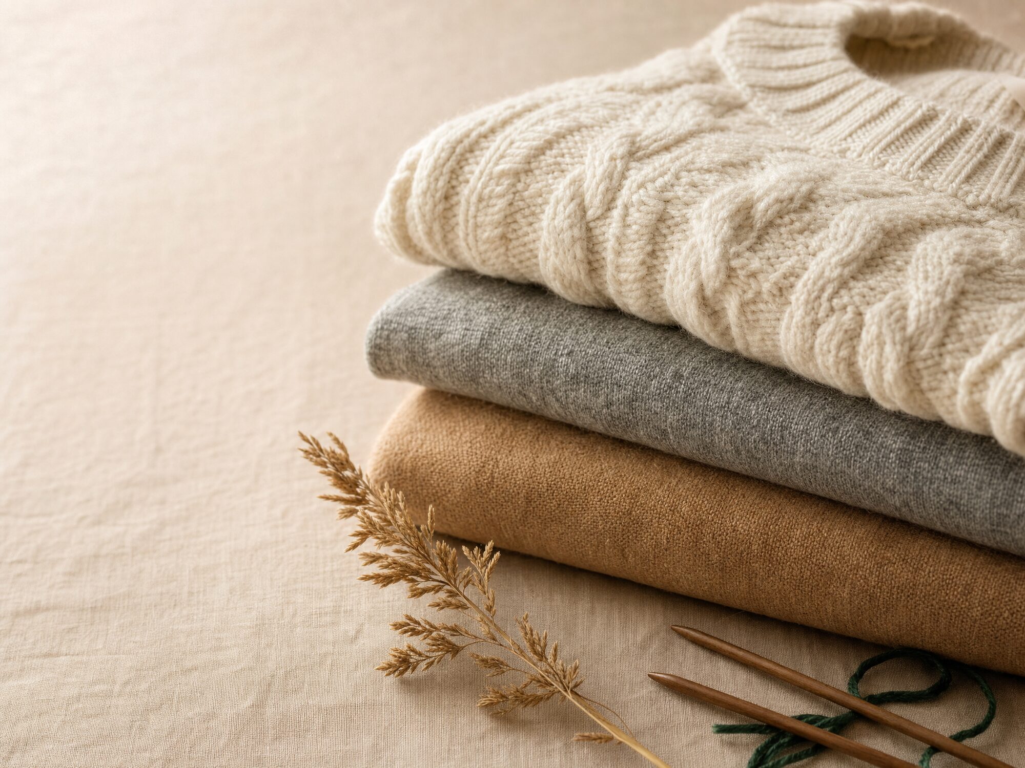A stack of folded merino, cashmere, and cable-knit sweaters on warm linen